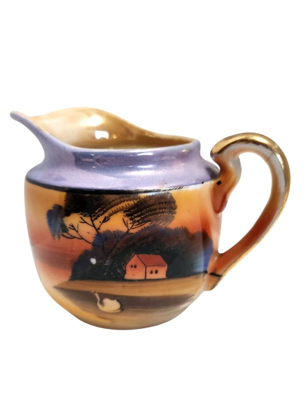 Vintage Takito Hand-Painted Porcelain Creamer Landscape Gold Accent READ